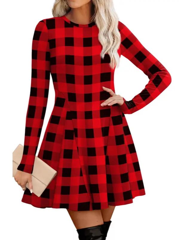 Women Crew Neck Long Sleeve Fit‑and‑Flare A‑Line Sweater Dress