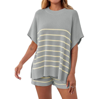 Women's Striped 2 Piece Outfits Oversized Batwing Short Sleeve Tops