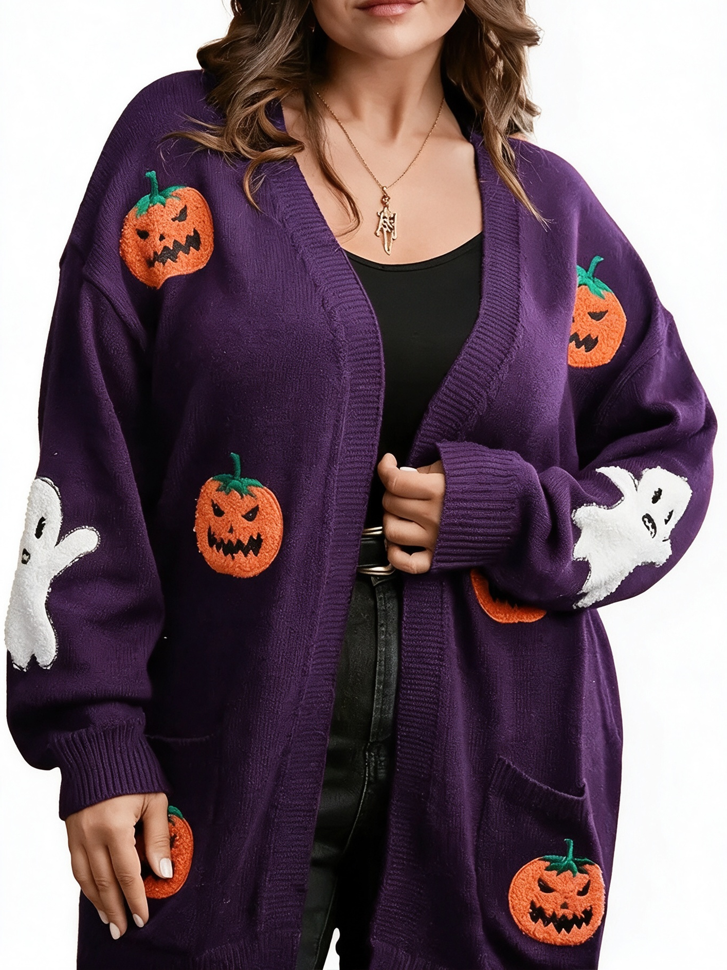 Women Casual Medium Length Pocket Halloween Embroidery Knit Open Cardigan