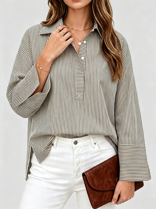 Women Casual Striped Print Long Sleeve Collared Button Front Loose Shirt