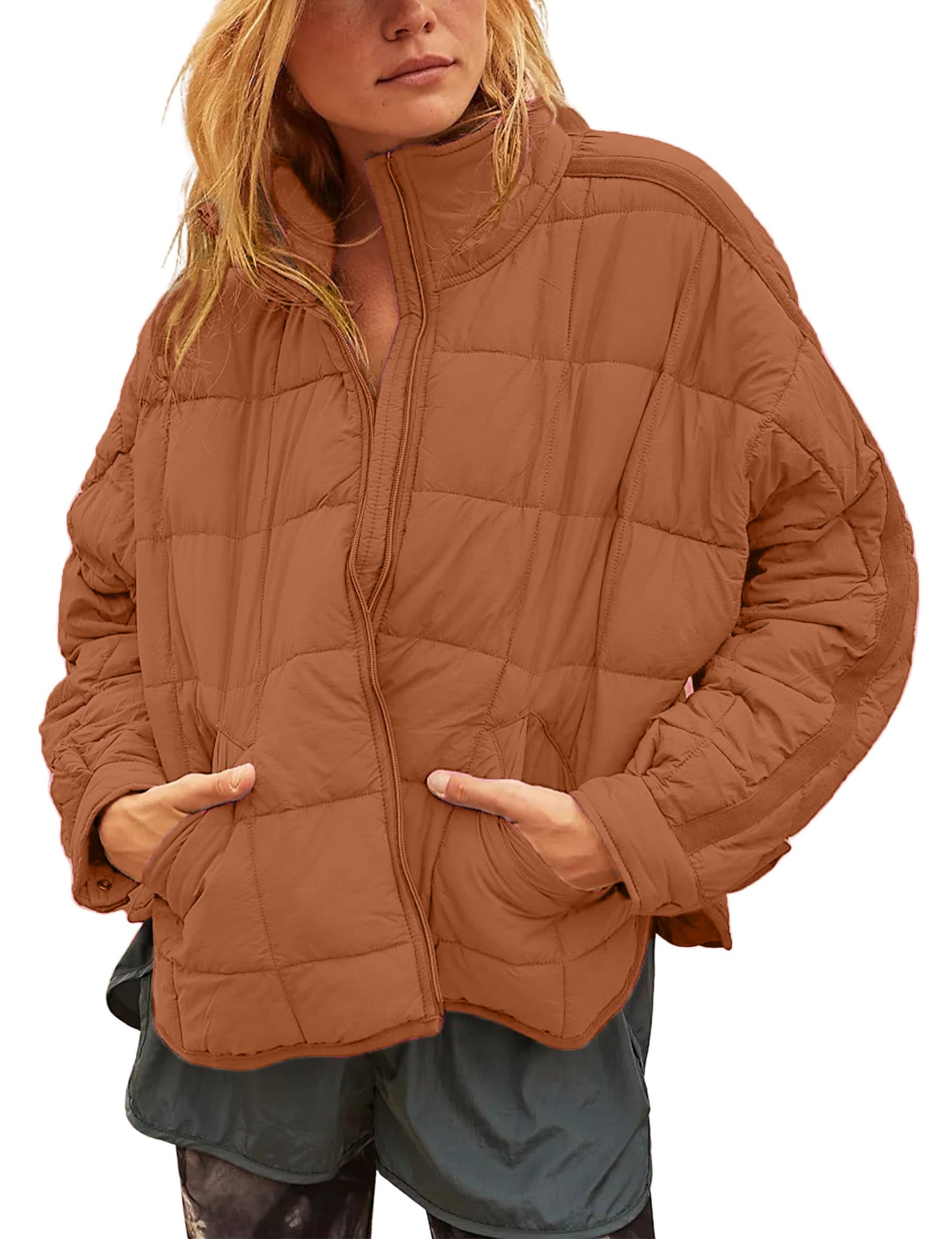 Women Lightweight Loose‑Fit Long‑Sleeve Zip Front Quilted Puffer Jacket