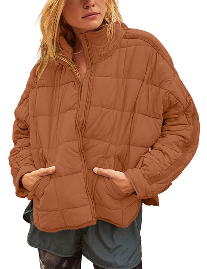 Women Lightweight Loose‑Fit Long‑Sleeve Zip Front Quilted Puffer Jacket
