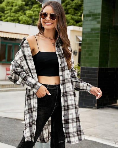 Women's Button Down Flannel Shirts Plaid Shacket  Collared Long Jacket Coats