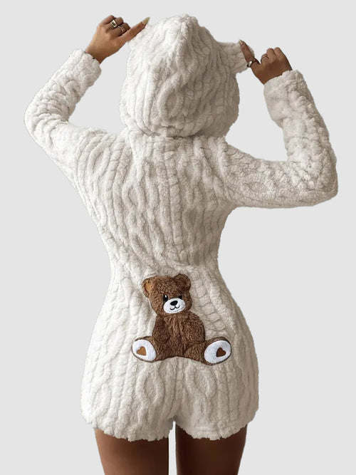 Cute Teddy Bear  Hooded Fleece Romper