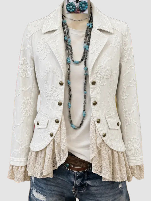 Women Floral Embroidery Lace Patch Long Sleeve Outer Jacket