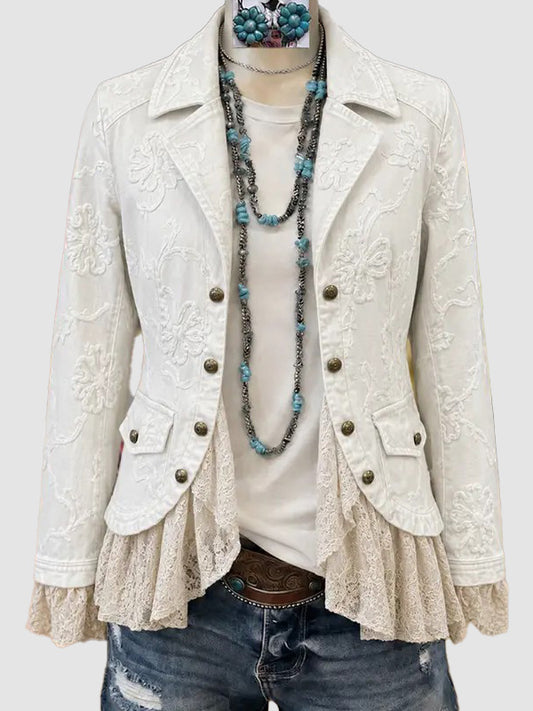 Women Floral Embroidery Lace Patch Long Sleeve Outer Jacket
