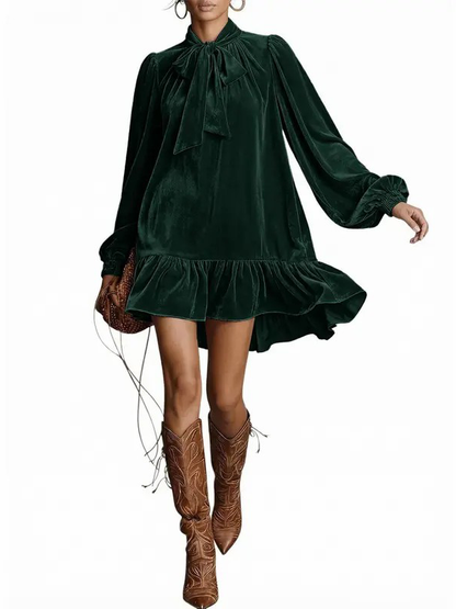 Women Tie Neck Long Sleeve A-Line Babydoll Mini Dress Ruffle Hem