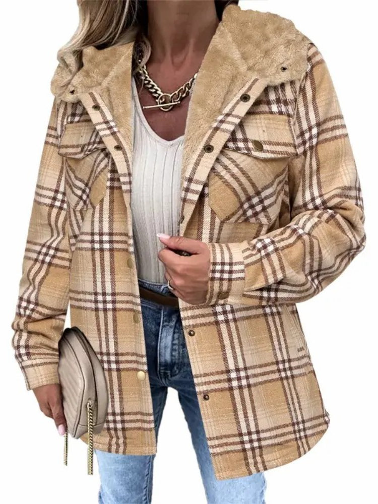 Women's Thickened Flannel Long Sleeve Plaid Jacket Coat with Hood