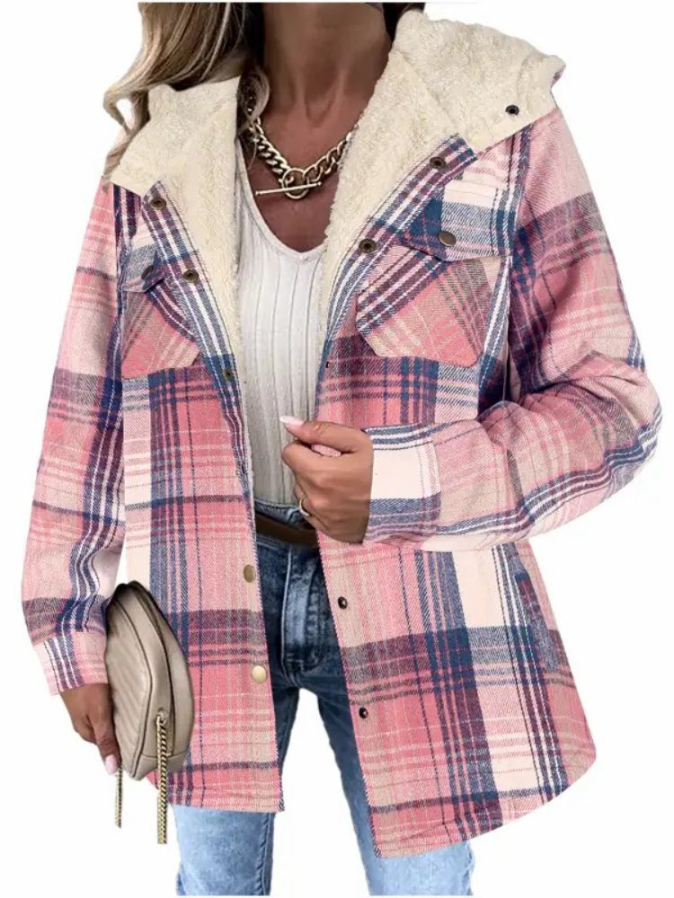 Women's Thickened Flannel Long Sleeve Plaid Jacket Coat with Hood
