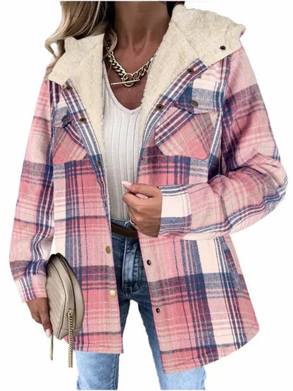 Women's Thickened Flannel Long Sleeve Plaid Jacket Coat with Hood