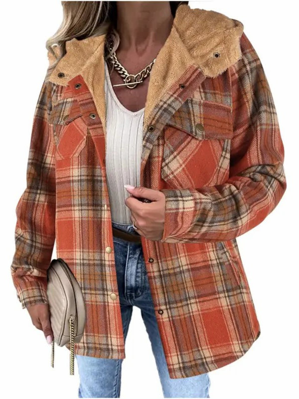 Women's Thickened Flannel Long Sleeve Plaid Jacket Coat with Hood