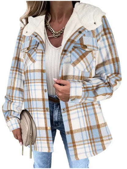 Women's Thickened Flannel Long Sleeve Plaid Jacket Coat with Hood