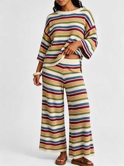 Women Striped Knit Two‑Piece Set Crew Neck 3/4 Sleeve Loose Top Wide Leg Pants