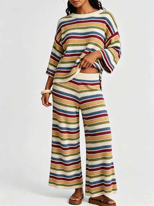 Women Striped Knit Two‑Piece Set Crew Neck 3/4 Sleeve Loose Top Wide Leg Pants