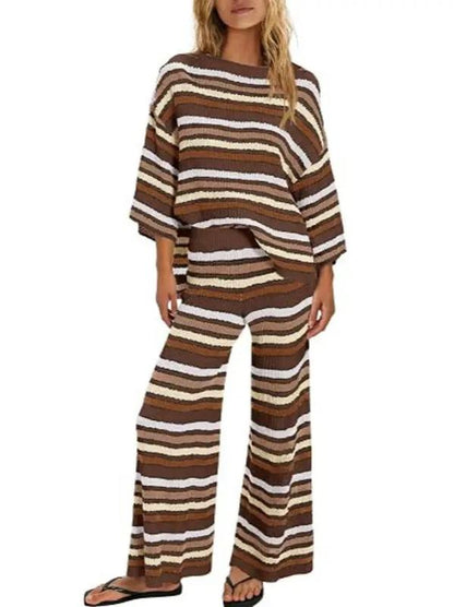 Women Striped Knit Two‑Piece Set Crew Neck 3/4 Sleeve Loose Top Wide Leg Pants