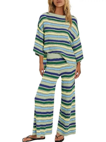 Women Striped Knit Two‑Piece Set Crew Neck 3/4 Sleeve Loose Top Wide Leg Pants