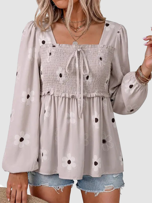 Women Loose Long Sleeve Square Neck Smocked Ruffle Peplum Casual Blouse