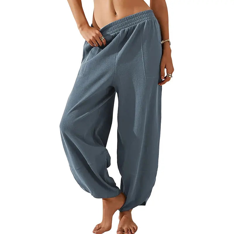 Elastic Waist Pocket Boho Baggy Wide Leg Harem Pants