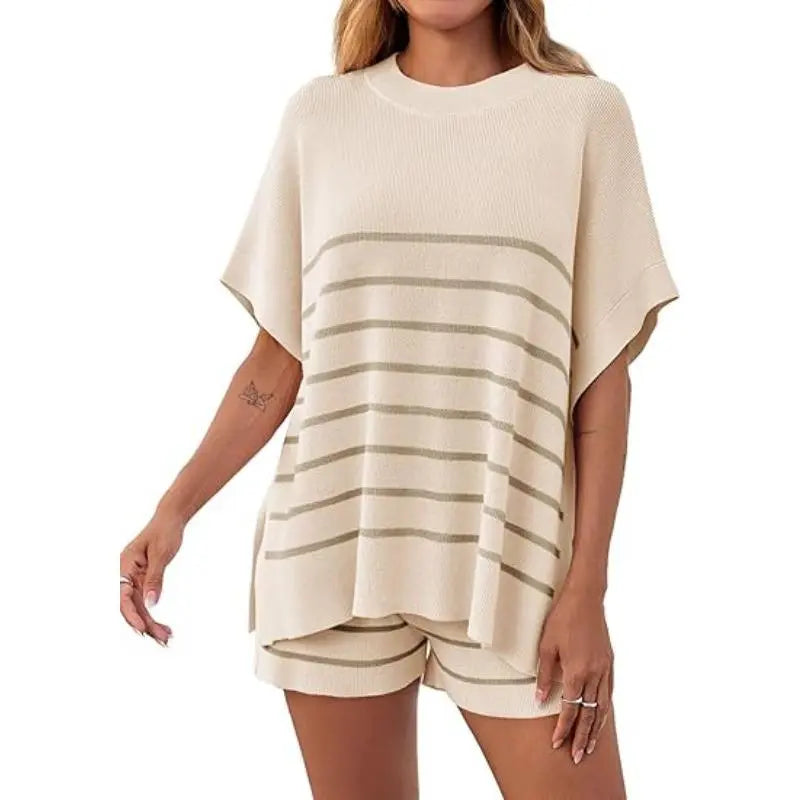 Women's Striped 2 Piece Outfits Oversized Batwing Short Sleeve Tops