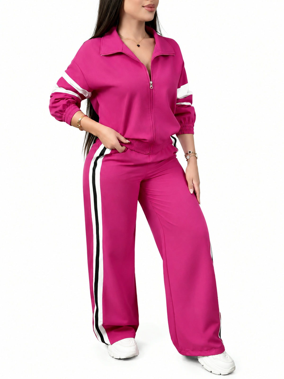 Women Zip Jacket & Striped Wide Leg Pant Set