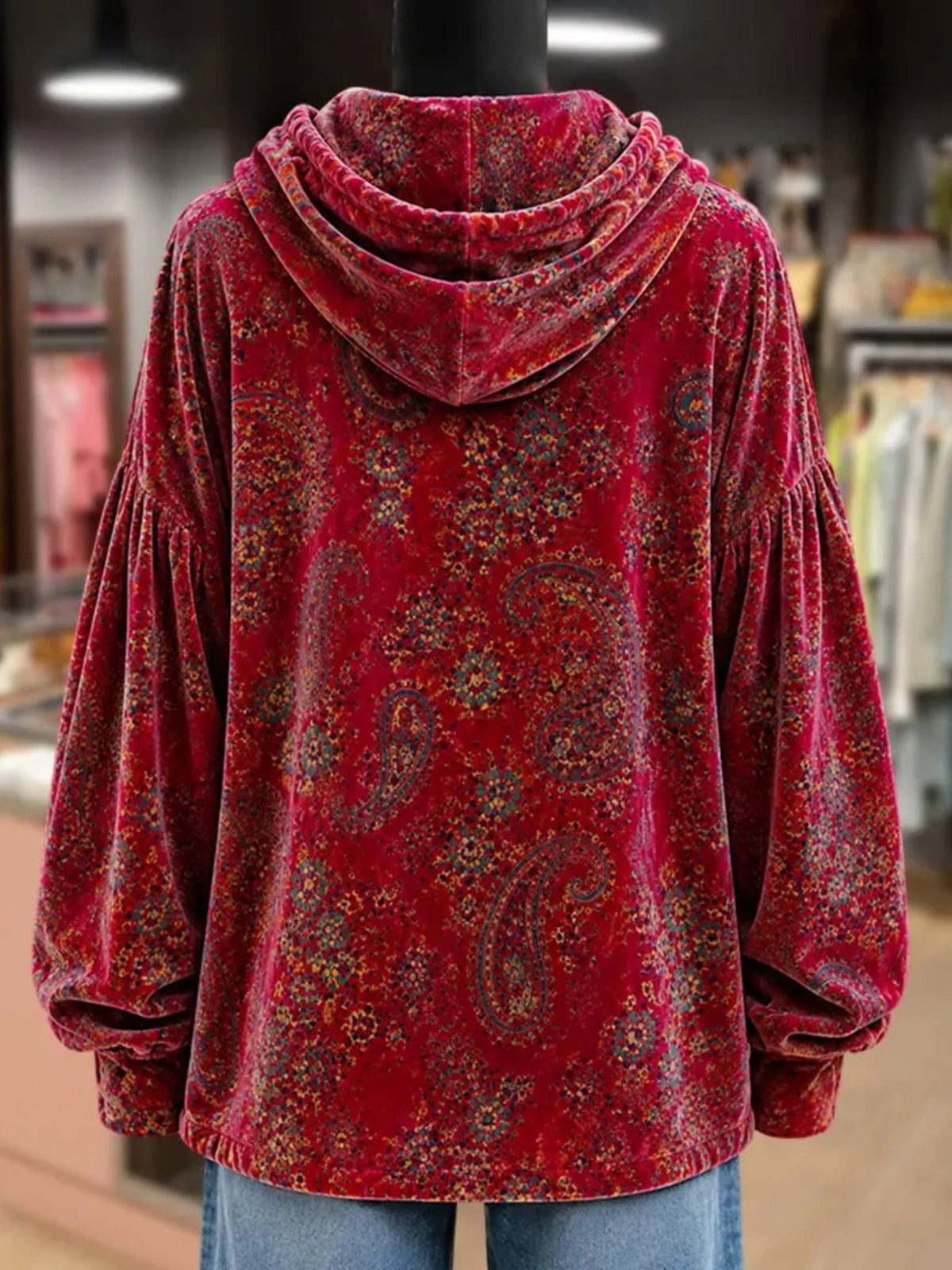 Vintage Paisley Print Velvet Hoodie Top