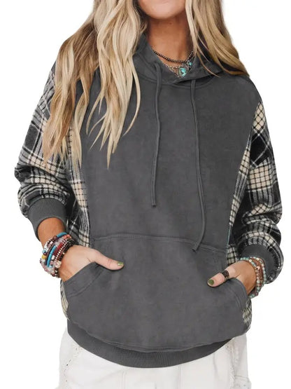 Women's Plaid Spliced Color Block Hoodie