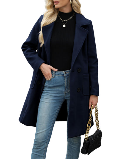 Women Open Front Wool Coat Lapel Double Button Mid‑Length Overcoat With Pockets