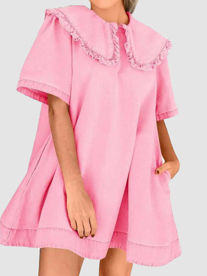 Women's summer denim mini dress, loose Peter Pan collar, casual and flowy babydoll dress