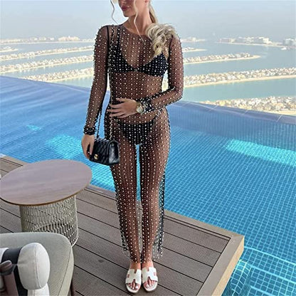 Summer Pearl Rhinestone Maxi Dress Beach Swimsuit Bikini Cover Ups