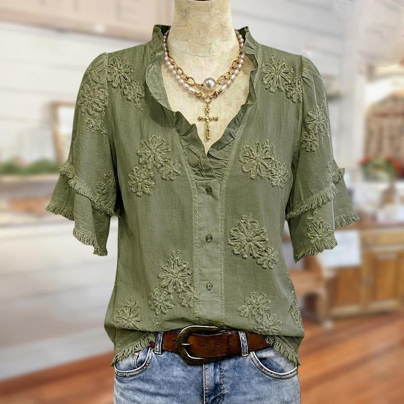 Women Vintage Ruffled V‑Neck Floral Blouse