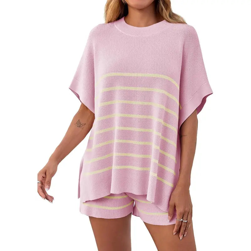 Women's Striped 2 Piece Outfits Oversized Batwing Short Sleeve Tops