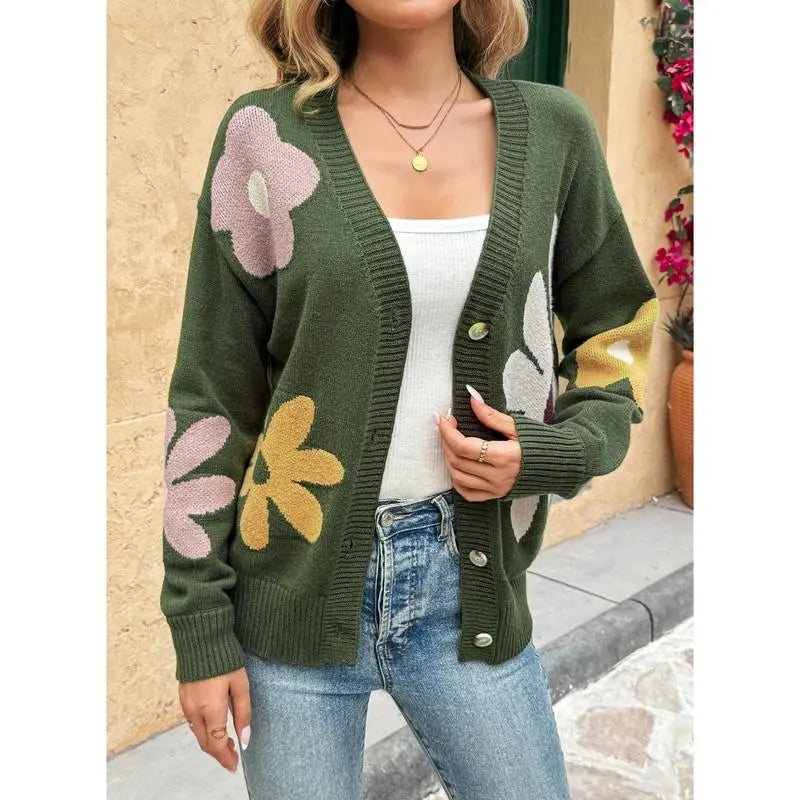 V-Neck Floral Pattern Button Knit Cardigan