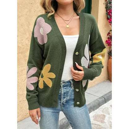 V-Neck Floral Pattern Button Knit Cardigan