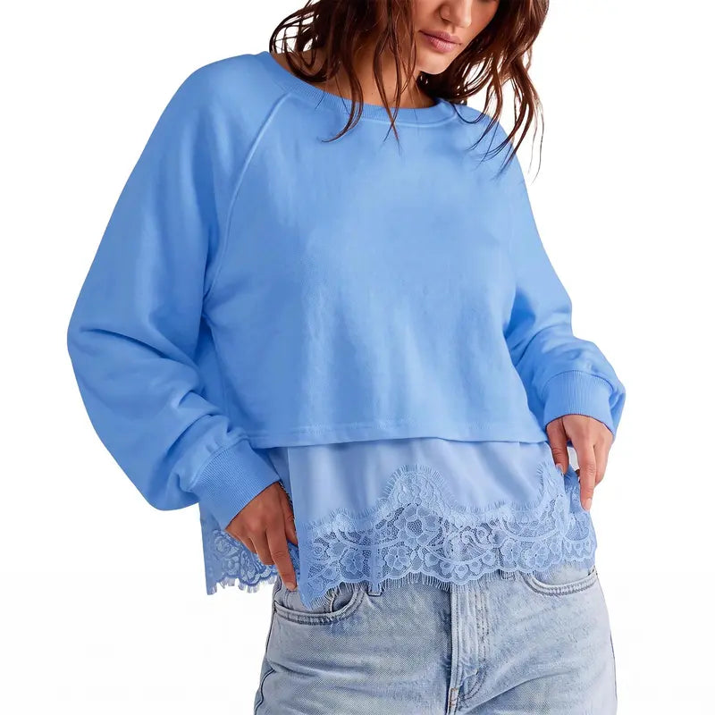 Women Oversized Pullover Sweatshirt with Lace Hem