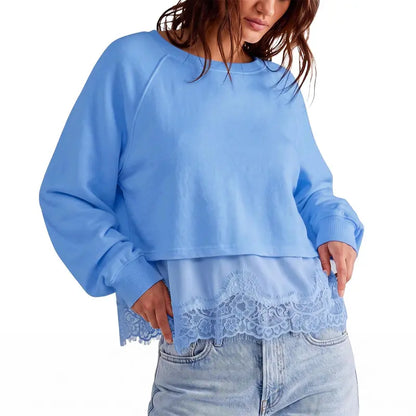 Women Oversized Pullover Sweatshirt with Lace Hem