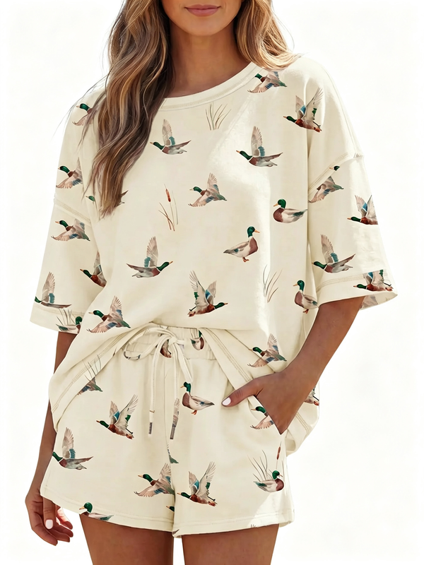 Women's Casual Mallard Duck Print Oversized Fit Short Sleeve Top Tee and Drawstring Pocket Shorts Set