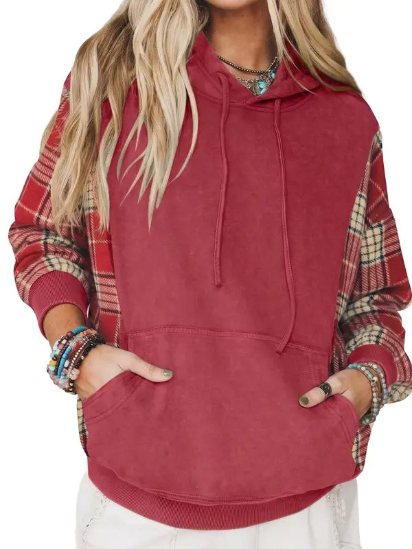 Women's Plaid Spliced Color Block Hoodie