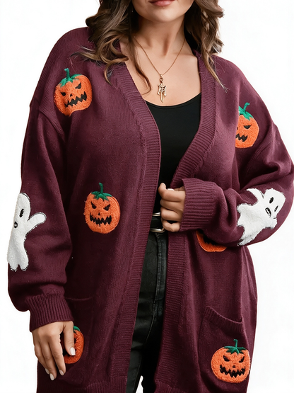 Women Casual Medium Length Pocket Halloween Embroidery Knit Open Cardigan