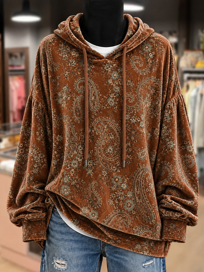 Hot Sale-Women Vintage Paisley Print Velvet Hoodie Top