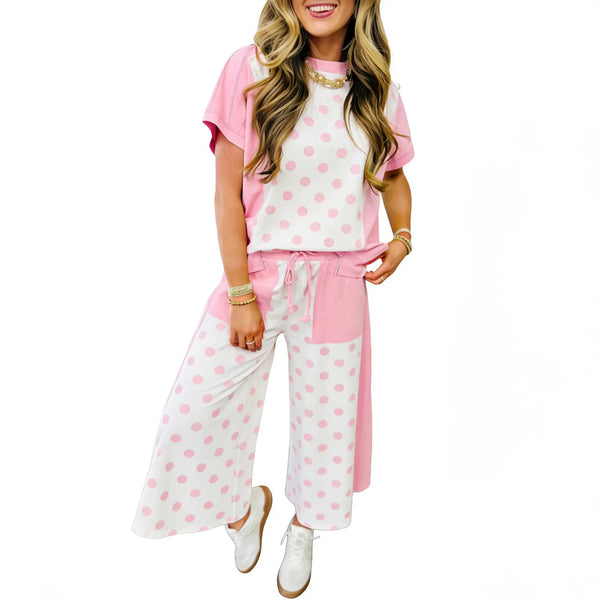 Crew Neck Drop Shoulder Polka Dot Color Block 2 Piece Outfit