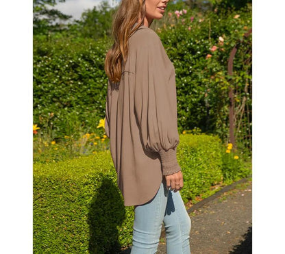 Women Loose Linen Blend Pocket Shirt with Smocked Elastic Cuffs