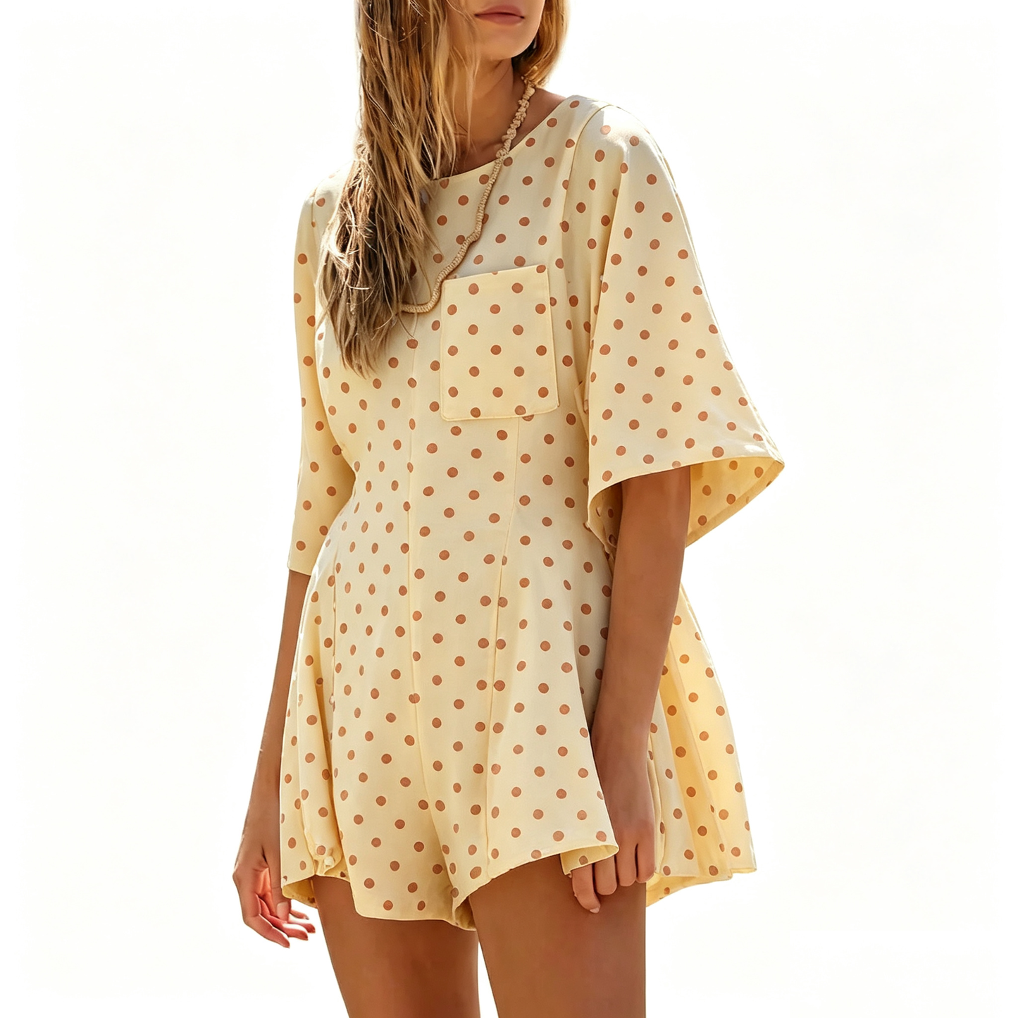 Crew Neck Short Sleeve Loose Casual Romper With Front Pockets