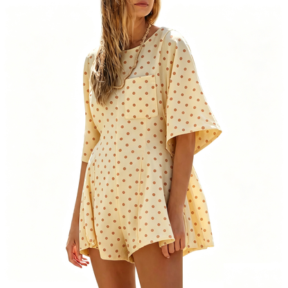 Crew Neck Short Sleeve Loose Casual Romper With Front Pockets