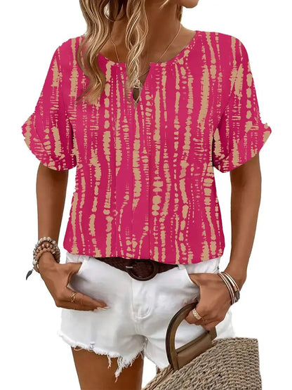 Split Notch V-Neck Rolled Cuff Short Sleeve Loose Casual Blouse Top