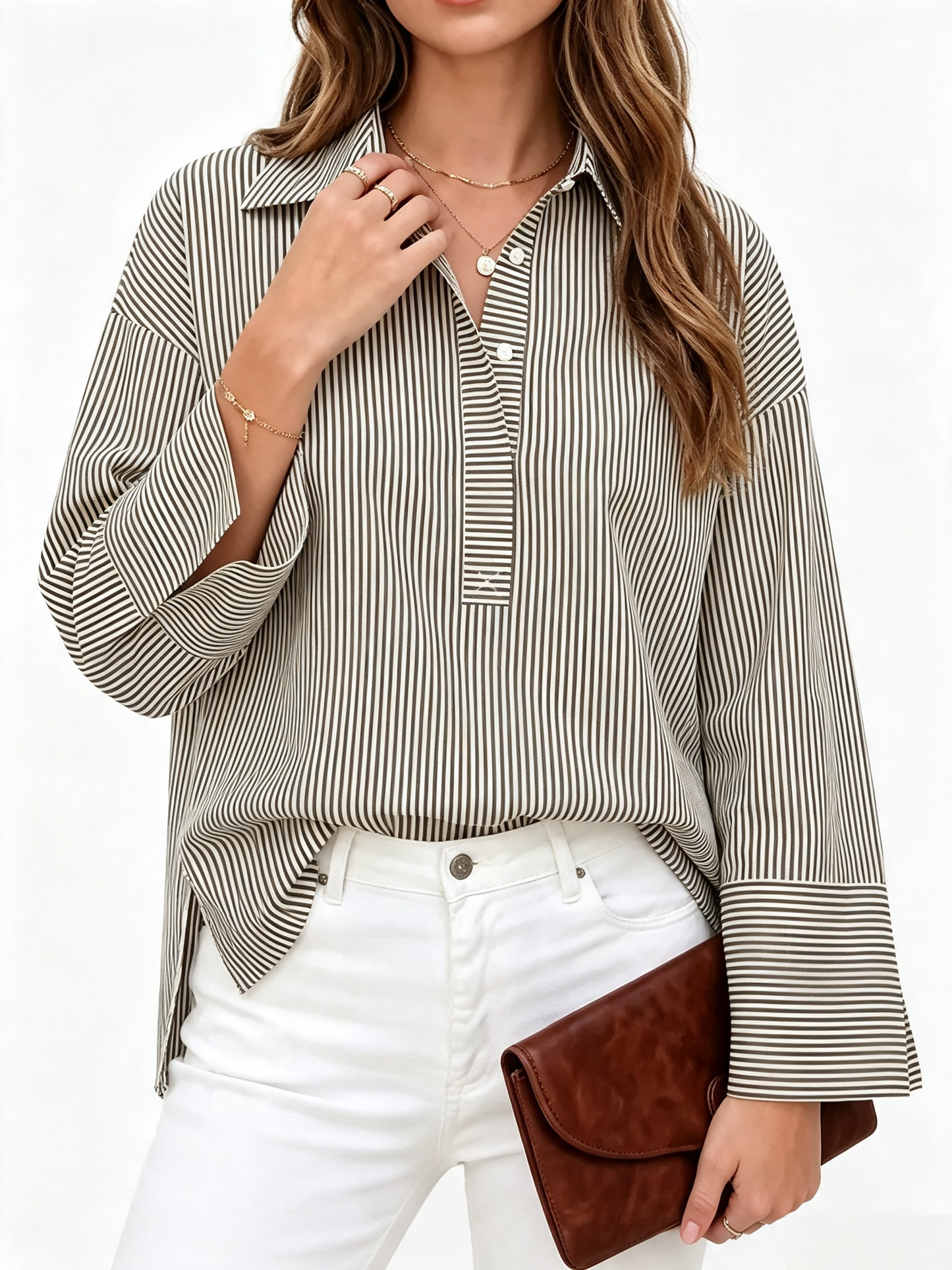 Women Casual Striped Print Long Sleeve Collared Button Front Loose Shirt