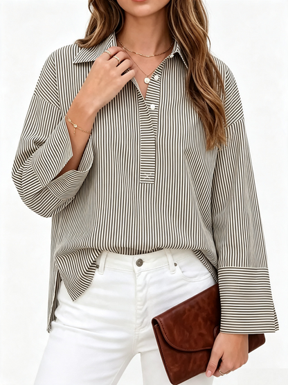 Women Casual Striped Print Long Sleeve Collared Button Front Loose Shirt