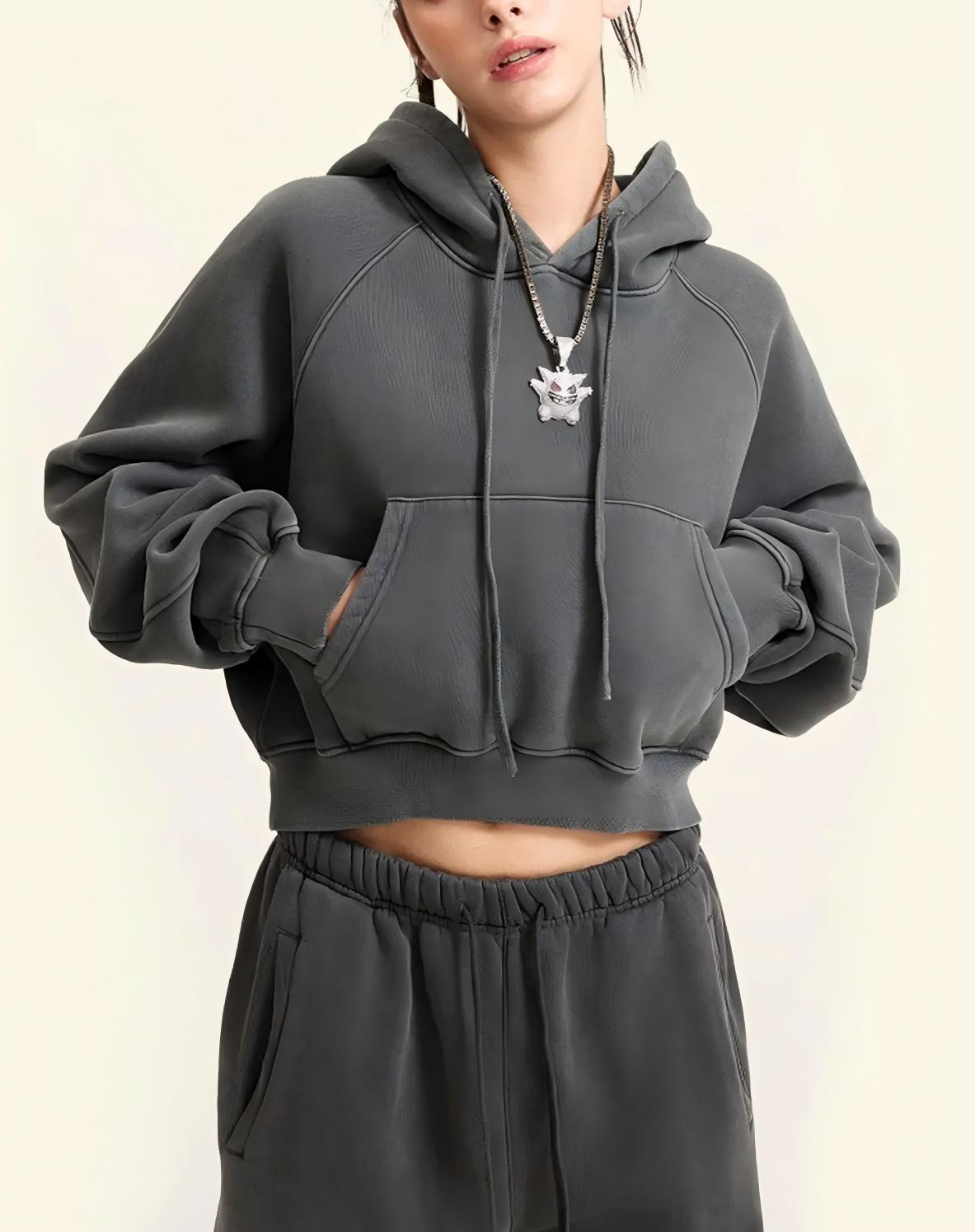 Retro Washed Drawstring Cropped Hooded Sweatshirt