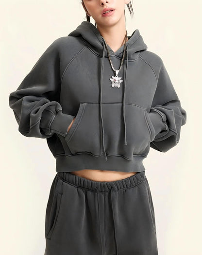 Retro Washed Drawstring Cropped Hooded Sweatshirt