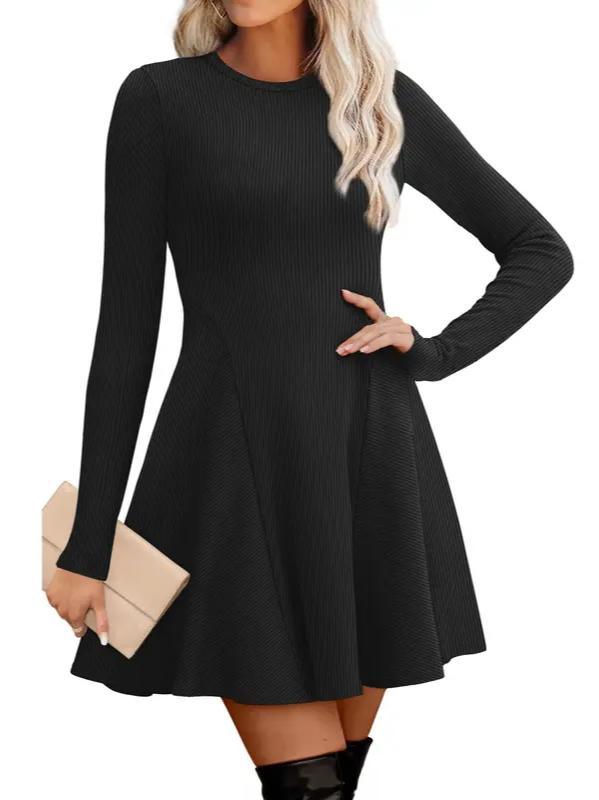 Women Crew Neck Long Sleeve Fit‑and‑Flare A‑Line Sweater Dress