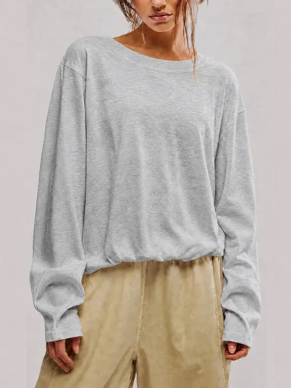 Cozy Solid Color Crewneck Pullover with Elastic Hem